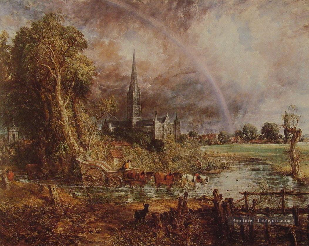 Cathédrale de Salisbury du paysage romantique Meadows John Constable stream Peintures à l'huile